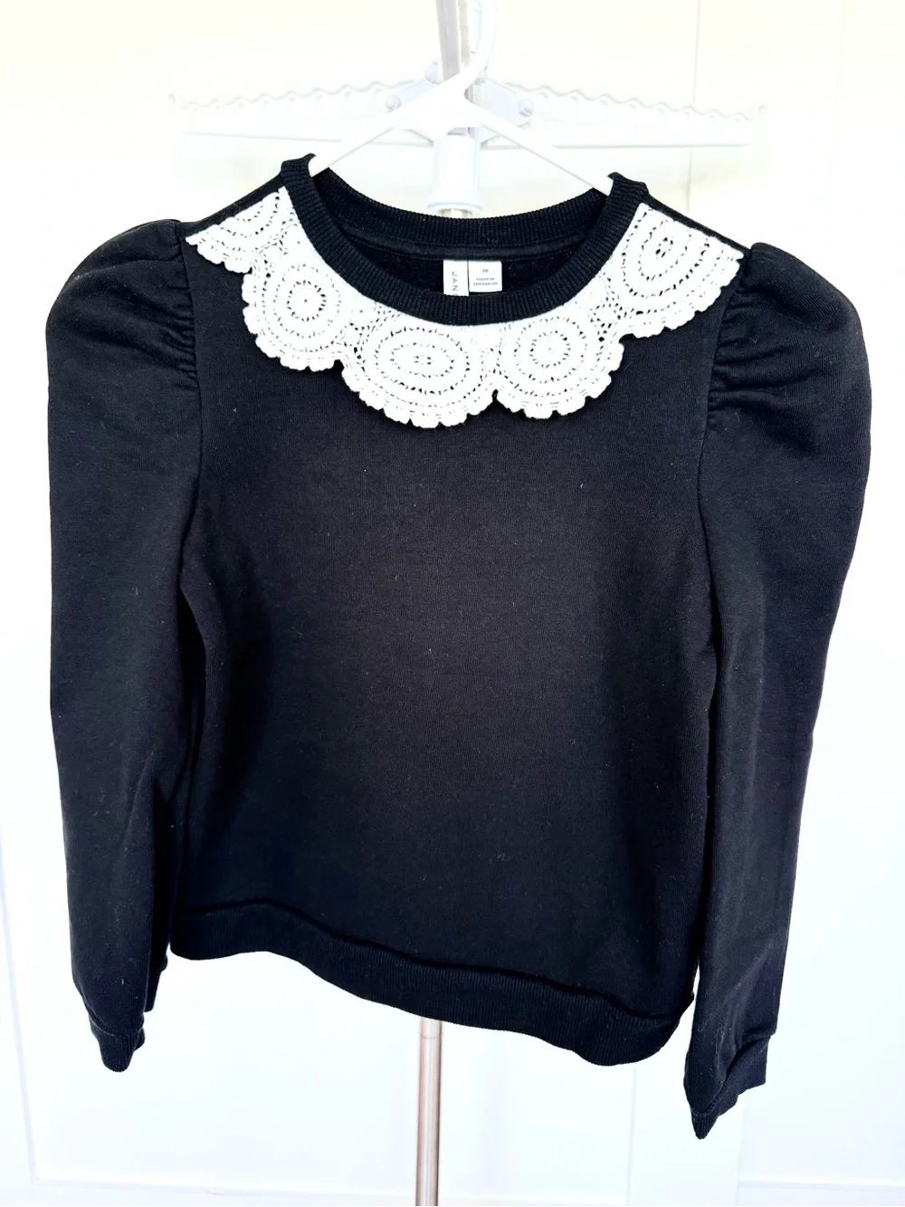 Janie and Jack Girl Black Sweatshirt with White Crochet Collar